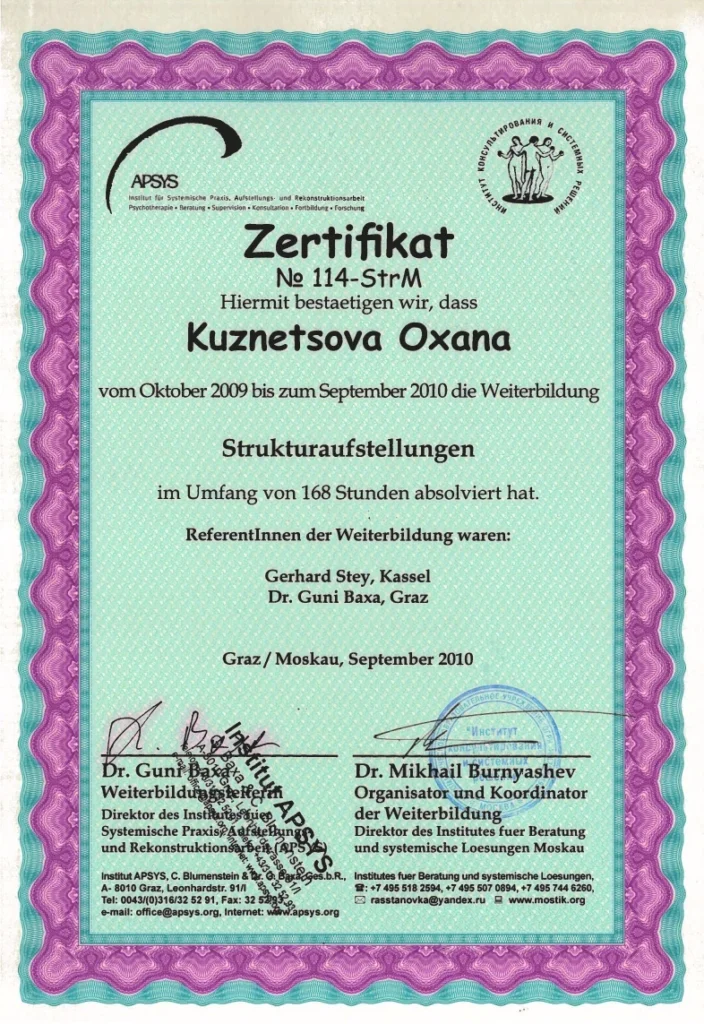 Сертификат Кузнецова Оксана Викторовна